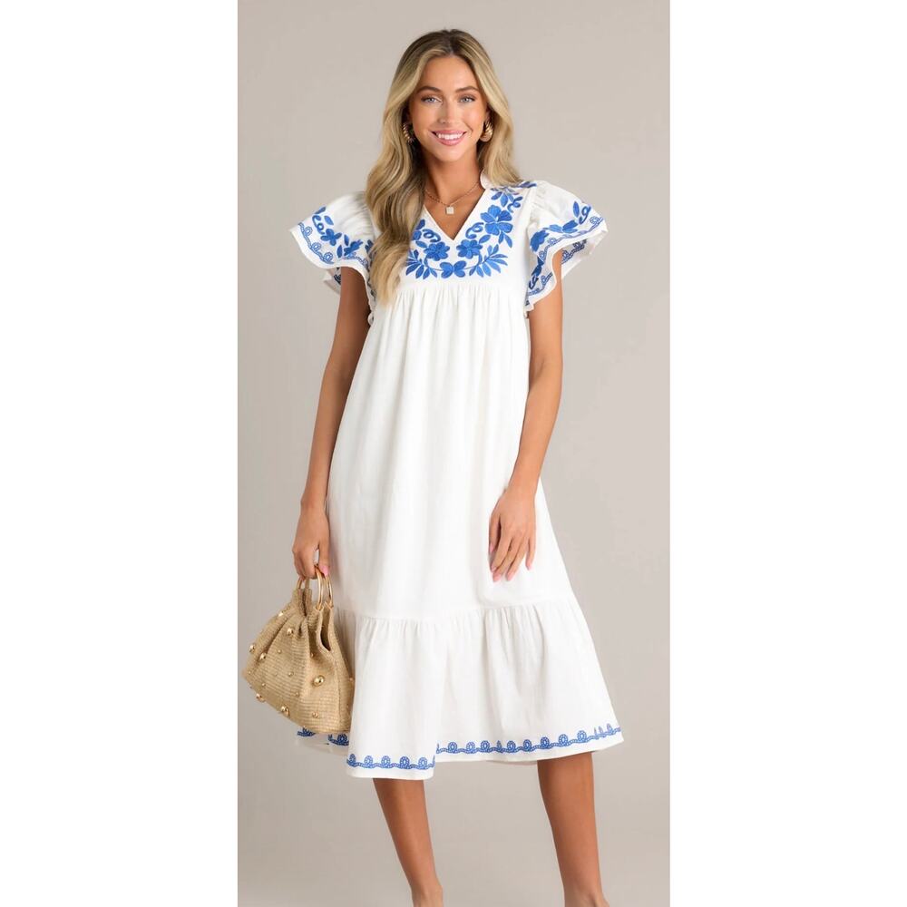 THML Harmonic Bliss Embroidered Midi Dress Ivory Size Small